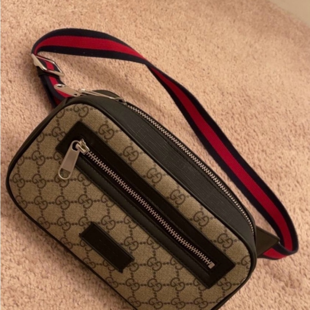 Gucci Beige and Black Belt Bag with Red and Blue Strap